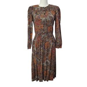 Taurus II Vintage 80s Leopard‎ Paisley Rayon Midi Dress Shoulder Pads Size 8